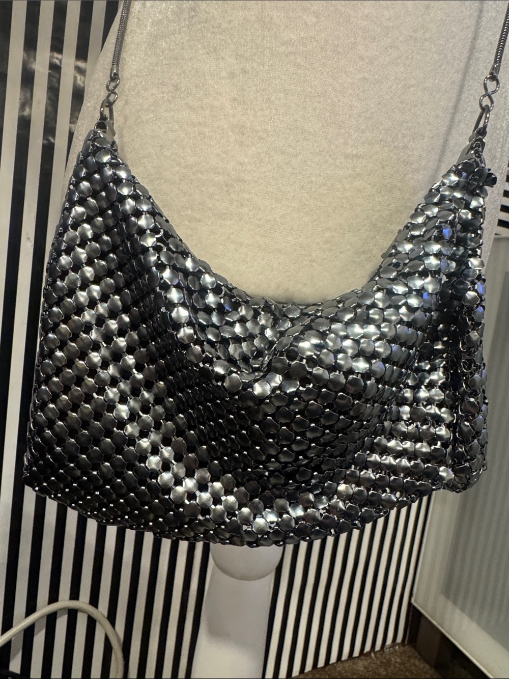Vintage Y2K Anabella Black Silver Metal Mesh Chainmail Shoulder Bag Purse